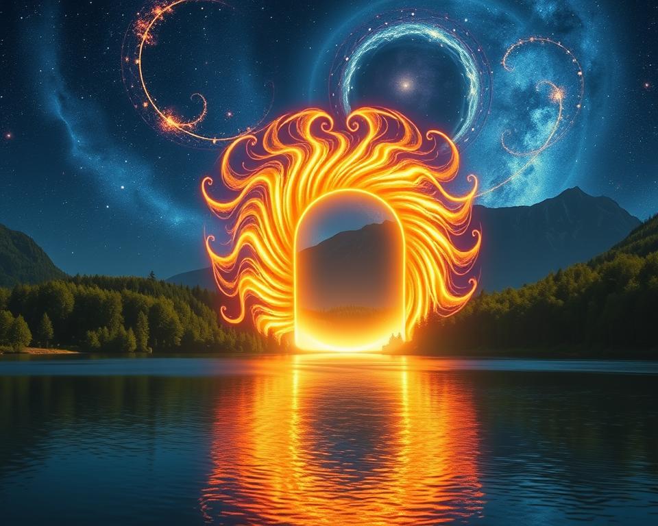 A breathtaking celestial portal shimmering in the night sky, the Lion's Gate rises majestically. Swirling cosmic energies radiate from its glowing, leonine archway, casting a warm, ethereal glow across the landscape. In the foreground, a serene lake reflects the portal's mesmerizing light, its still waters evoking a sense of tranquility and inner reflection. The middle ground features a lush, verdant forest, its trees and foliage bathed in the portal's enchanting luminescence. In the background, a majestic mountain range stands tall, its peaks touched by the mystical energies of this sacred portal. The overall atmosphere is one of wonder, mysticism, and the inviting call to unlock the transformative powers of this celestial gateway.