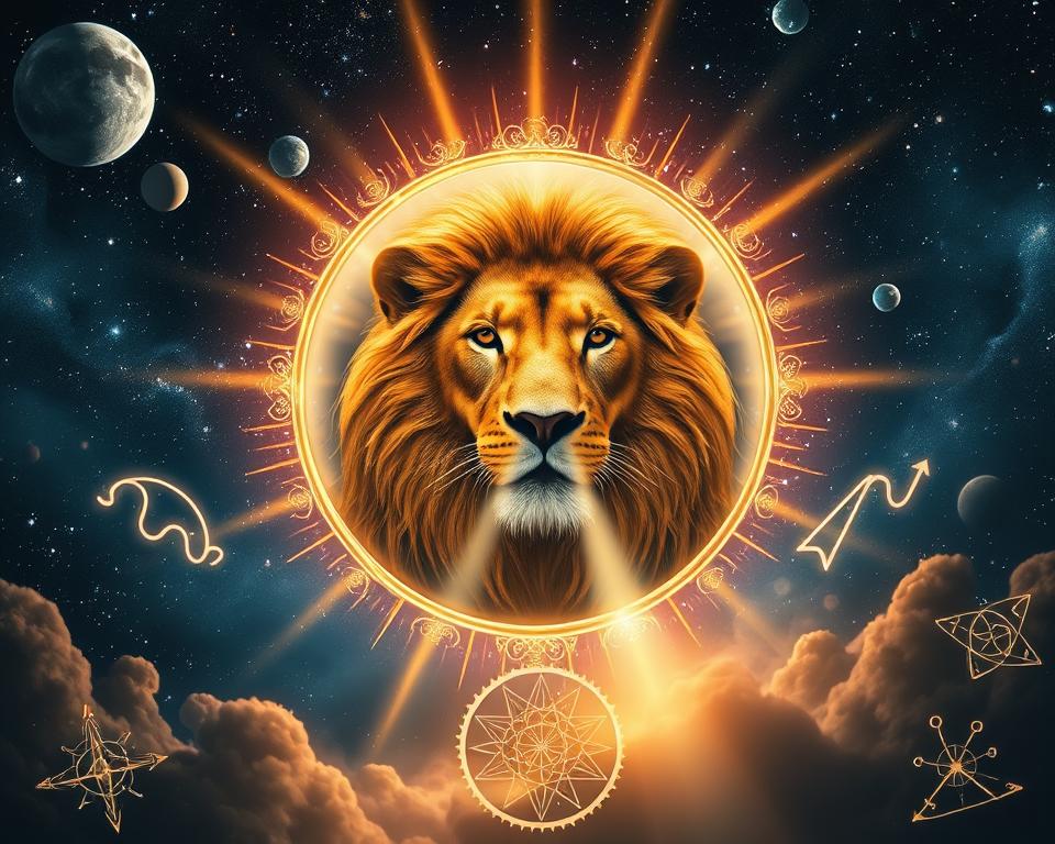 A majestic lion's head peers through a shimmering celestial portal, its golden mane radiant against a night sky filled with stars, planets, and cosmic energy. The portal itself is framed by ethereal swirls of energy, pulsing with ancient mystical significance. Beams of light emanate from the portal, casting a warm glow across the scene. In the foreground, intricate astrological symbols and glyphs float, hinting at the profound metaphysical implications of this celestial phenomenon. The overall mood is one of wonder, mystery, and a profound connection to the rhythms of the cosmos.