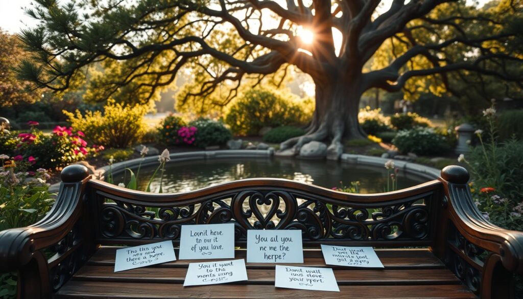 A serene, sun-dappled garden with lush greenery and blooming flowers. In the foreground, a wooden bench adorned with intricate carvings, upon which rest several handwritten affirmation cards, their words reflecting the power of positive thinking and manifestation. The middle ground features a tranquil pond, its surface gently rippling, creating a calming atmosphere. In the background, a majestic tree with sprawling branches provides a natural frame, casting a warm, golden glow over the entire scene. The lighting is soft and diffused, lending an ethereal, almost magical quality to the setting. This image conveys the transformative energy of manifestation through the use of thoughtfully curated elements, inviting the viewer to reflect on the profound impact of words and the beauty of the natural world. A serene, sun-dappled garden with lush greenery and blooming flowers. In the foreground, a wooden bench adorned with intricate carvings, upon which rest several handwritten affirmation cards, their words reflecting the power of positive thinking and manifestation. The middle ground features a tranquil pond, its surface gently rippling, creating a calming atmosphere. In the background, a majestic tree with sprawling branches provides a natural frame, casting a warm, golden glow over the entire scene. The lighting is soft and diffused, lending an ethereal, almost magical quality to the setting. This image conveys the transformative energy of manifestation through the use of thoughtfully curated elements, inviting the viewer to reflect on the profound impact of words and the beauty of the natural world.