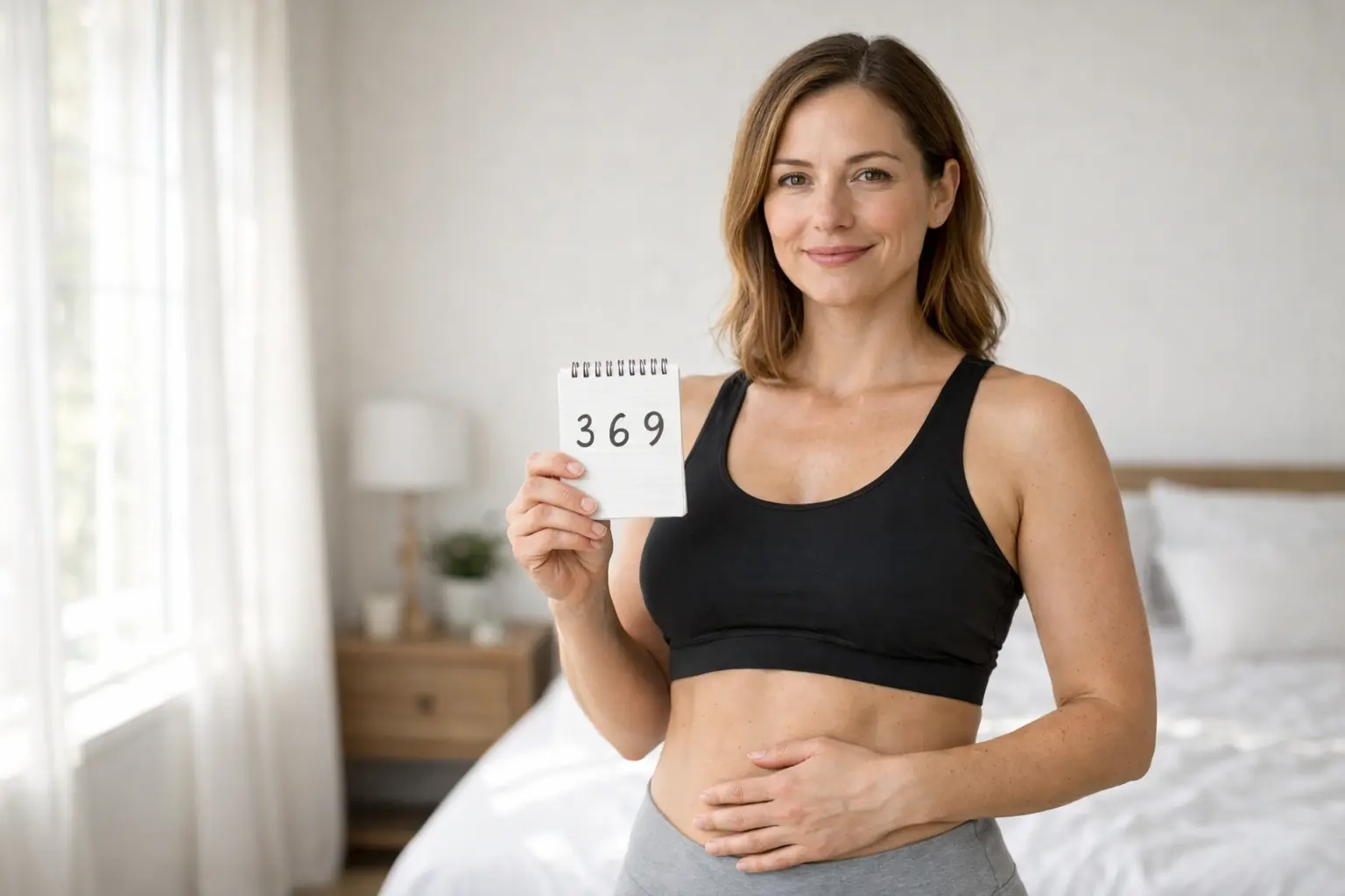 Woman holding a notebook with 369 method numbers while focusing on weight loss manifestation